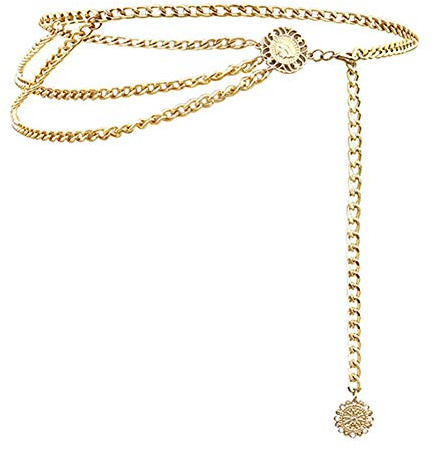 Cintura a catena dorata da donna, regolabile in vita. Ideale su jeans e abiti vintage. Tre fili, in lega Oro 1. Taglia unica