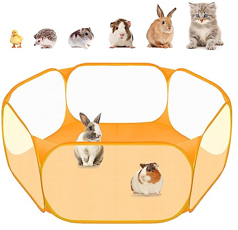 Small Animals C&C Cage Tent, Breathable & Transparent Pet Playpen Pop Open Outdoor/Indoor Exercise Fence, Portable Yard Fence for Guinea Pig, Rabbits, Hamster, Chinchillas and Hedgehogs (Orange)