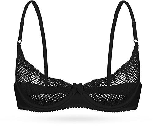 Wingslove Women's See Through Lace Bra Balconette Sexy Unlined Demi Cup Underwire Non-Padded Lingerie Black