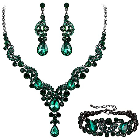 EVER FAITH Kristall Schmuckset Hochzeits Braut Art Deco Floral Teardrop Halskette Ohrringe und Armband Set Grün Schwarz-Ton