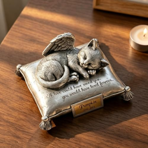 MARYTUMM Personalized Cat Urn, Heavenly Angel Cat Sleeping On Pillow Cremation Urn Small Pet Memorial Statue Engraved with Your Pet's Name,Date Decor Cats Shape Keepsake Urns