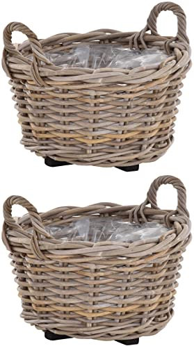 Lot de 2 corbeilles à plantes en rotin gris rond tressé avec poignées - Panier décoratif pour plantes de jardin - Diamètre : 33 cm - Hauteur : 20 cm - Avec film - Support en bois