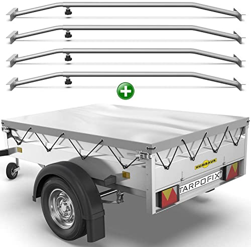 Tarpofix® Lona para remolque plana 258 x 136 x 8 cm + 4x Soporte de lona (ajustable 100-145 cm) - Lona remolque de PVC - Cubierta para varios remolques de coches de 750kg & 1000kg