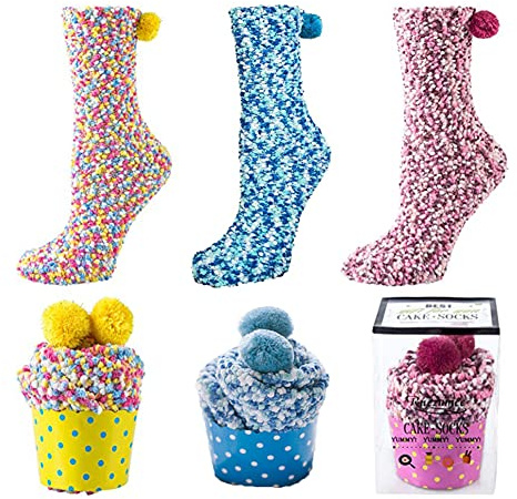 GizellMG Chaussettes Femme Petits Gâteaux de Cupcake Chaussettes de Lit Chaussettes Protège-pieds Chaussons Chaussettes Polaire Antidérapante Fille Ados Noël Cadeau DIY Socquettes 3 Paires