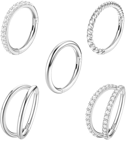 Diamday 5 Piezas de Piercing Nasal de Acero Quirúrgico 18G 16G para Mujeres Anillos en Forma de Lazo con Circonia Anillos de Septo Articulados con Cierre de Clic Joyas para Piercing de 8mm 10mm
