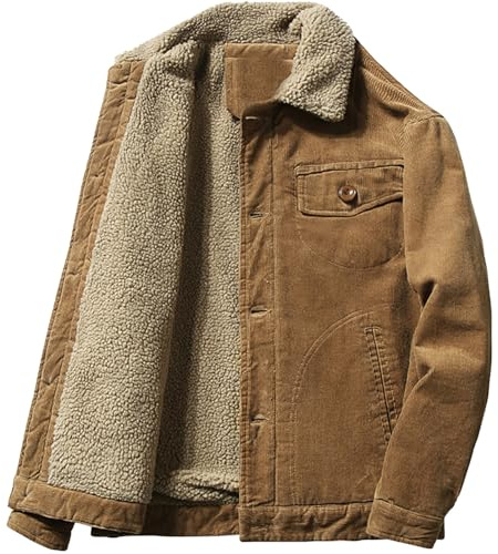 Juneyou Giacca da uomo in velluto a coste con colletto rialzato, foderato in sherpa, caldo cappotto con tasche, Caff, XL