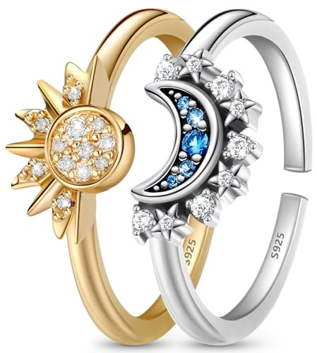 J.Fée Sole e Luna Anello Donna Argento 925 Regolabile Set Anelli Donna Argento 925, Regali di Coppia Collana Sole e Luna Argento