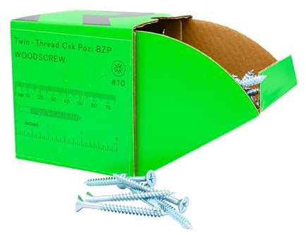 RIKA TWSR032 10 x 2in Twin-Thread CSK BZP Woodscrew 200pk Pozi Drive Versatile Timber Wood Screws For Use With Chipboard MDF Softwood Hardwood Masonry With Plug