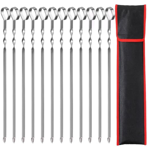 BIGP 12 Stück Grillspieße mit Nylontasche, Grill Kabob Spieße 39cm Edelstahl Lange Spieße Schaschlikspieße Fleischspieße, für Lagerfeuer Oder Grillschale