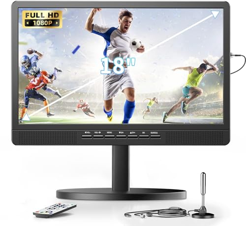 DESOBRY 18 Kleiner Fernseher mit Antenne, tragbarer Fernseher mit Freeview DVB/T2 Tuner, 6000mAh Akku Mini TV mit Ständer für Outdoor Camping, Schlafzimmer, Küche