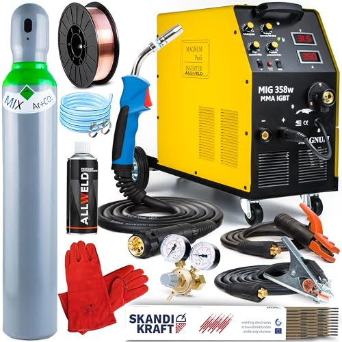 MAGNUM MIG 358 MMA - 3 in 1 Schutzgas Schweißgerät MIG MAG 400v mit Fülldraht und MMA - 350A Schweißstrom, 4-Rollen Drahtvorschub, Fahrwerk, Induktivität und Lötschweißen - Set Professional