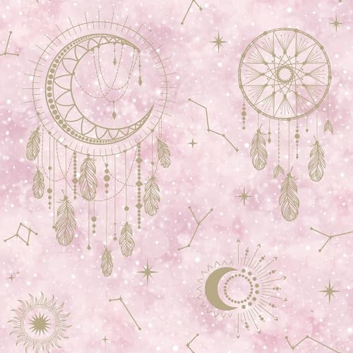 Dreamcatcher Pink Gold Wallpaper - Stars Feathers Sun Moon - Children's Bedroom Stylish Feature Wall Kids Nursery
