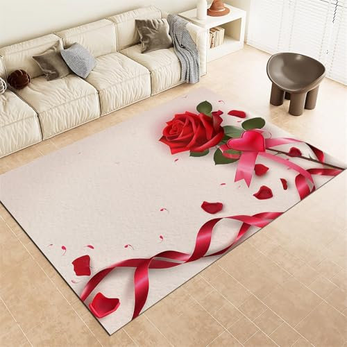 Waschbarer Home Teppich 60x90cm Botanische Blume Rose Ribbon Flauschiger und Rutschfester Kurzflor Teppich Creme für Esszimmer Wohnzimmer und Schlafzimmer Moderne Deko