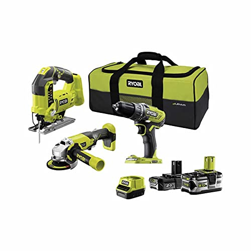 Confezione RYOBI 18V One+ - Trapano/avvitatore - Smerigliatrice - Seghetto alternativo - 2 batterie - 1 caricatore rapid
