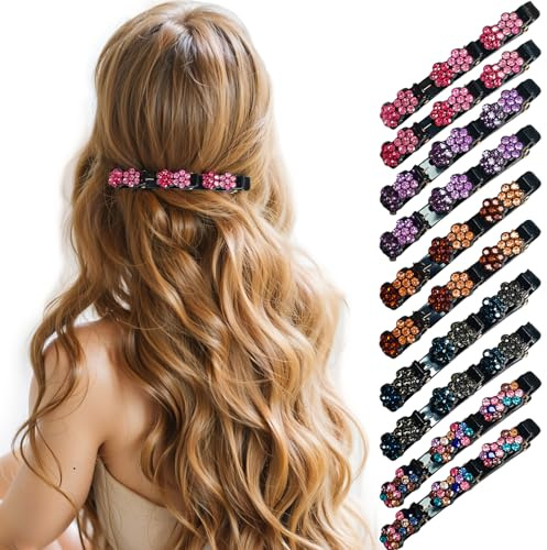 Lot de 10 barrettes à cheveux en forme de fleur en cristal pour femme, colibri, pince à cheveux avec 3 clips, double couche, pinces à cheveux tressées, élégantes pinces à cheveux pour femmes et filles