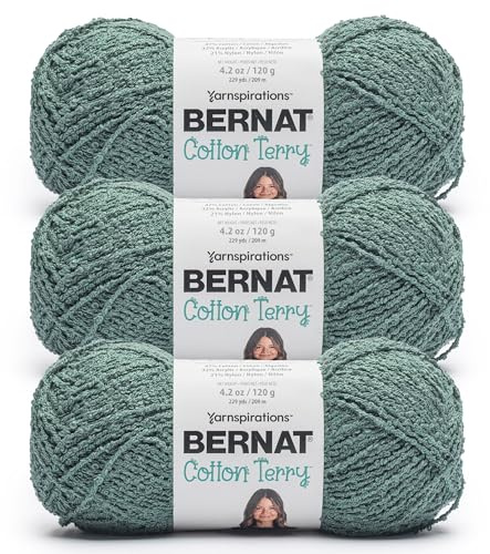Bernat Cotton Terry Bayou - Ovillo de lana de rizo – 3 unidades de 120 g – 47% algodón, 32% acrílico, 21% nailon – #4 estambre (mediano) – 209 m – para tejer, ganchillo y amigurumis