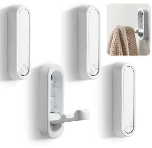 teasteam Foldable Wall Hooks 4Pcs Folding Coat Hook for Hanging Bearing Load 33lb/15kg Wall Mount Heavy Duty No Rust Zinc Alloy Hook with 4Pcs Screws for Hanging Coat & Bags & Hat (Matte White)