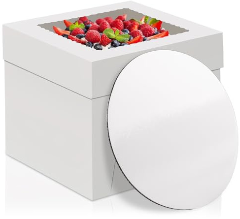 WINKIO 10 Inch Cake Box with Cake Boards, 2 Pack Disposable Cake Carrier, Cakes Transport Container, White Bakery Holder with Window, for Cookies Pies Cupcakes Pastry (10×10×8 Inches)