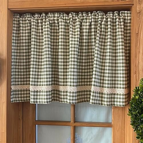 A.Monamour Tenda Corta per Finestra Piccola Rustico Bianco Verde A Quadri A Scacchi In Cotone Pizzo Tendina Cucina Bistrot Caffè Mezza Mantovana Tenda a Vetro a Pannello