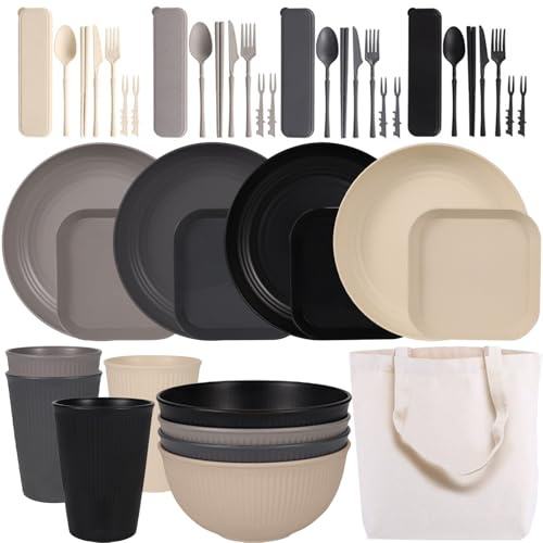 MORAINJAY Set di stoviglie infrangibili per 4 persone, riutilizzabili, in plastica, con piatti, ciotole, tazze, posate, leggero, con custodia, adatti al microonde e alla lavastoviglie, per picnic