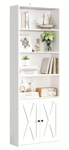 IRONCK Bookcase 6-Tier, Bookshelf with Doors, 180cm Tall Living Room Bookcases, Display Shelf Storage, Freestanding Book Shelf Unit for Home Office, Dinning Room, 60x23.5x180cm (White)
