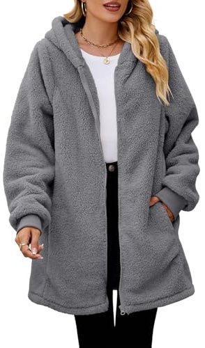Polaire Femme Chaude Capuche Hoodie Fourrure Thermique Veste Polaire Caban Zippée Randonnée Longue Manteau Jeans Gris foncé Manteaux Femme Gris foncé S