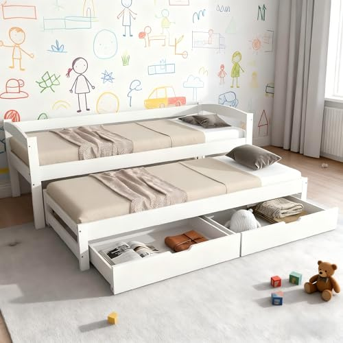 Soweiz Cama individual y doble, cama corredera con ruedas inferiores, con 2 cajones de MDF, marco de madera maciza, blanco (200 x 90 cm/190 x 90 cm)