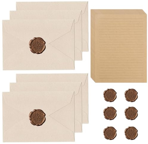 YIPFEN 32 Pezzi Carta da Lettere con Busta Vintage con 6 Adesivi Sigillo di Cera, Fogli di Carta Decorata per Lettera,Buste Classica per Scrivere, Partecipazioni Matrimonio, Buste per Lettere