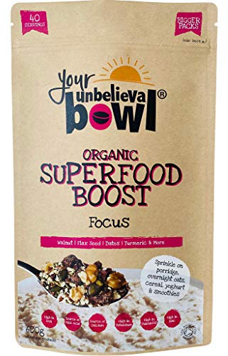 Your UnbelievaBowl - Organic Superfood Boost (FOCUS) 600g, 40 Servings, 45p Per Serving, Gluten Free, Chia Seeds, Hemp Seeds, Dates, Walnuts, Pumpkin Seeds, Cacao, Flaxseed, Turmeric