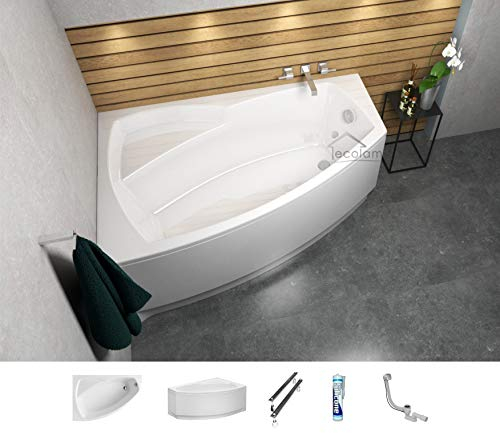 ECOLAM® Badewanne Eckbadewanne Acryl Frida Polimat weiß 150x100 cm LINKS + Schürze Ablaufgarnitur Ab- und Überlauf Automatik Füße Silikon Komplett-Set
