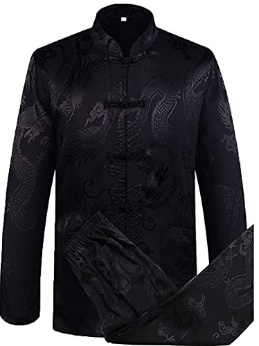 Chinesischer Stil Herren Tanganzug Langarm Lange Hose Dragon Kung Fu Anzug Satin Seide Sets, A Schwarz, XL