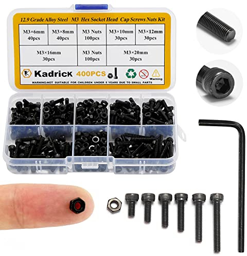 Kadrick M3 Screw Assortment Kit 400PCS, Hex Socket Cap Screws with Nuts & Allen Wrench, 12.9 Grade Alloy Steel, Black Zinc Plated, Ideal for 3D Printing, DIY, RC & Electronics