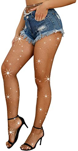 Forevers Collants résille scintillants pour femmes, bas résille à paillettes, bas résille diamant, collants résille avec strass, chaussettes résille collants maille, marron, Taille unique
