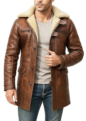 III-Fashions Mens Long Faux Fur Shearling Pea Coat Distressed Brown Trench Leather Jacket Winter Overcoat
