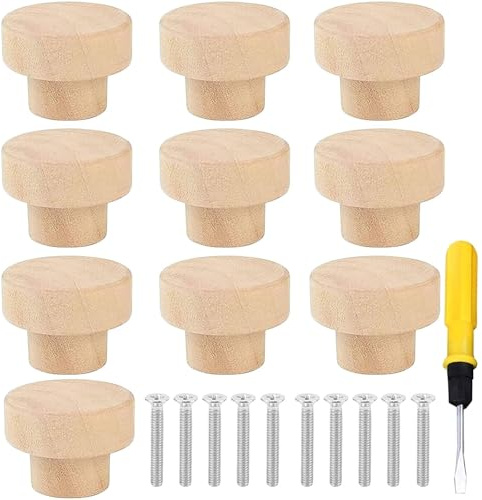 Leonshco 10 stycken möbelknoppar i trä – naturliga massiva skåphandtag träskåpsknopp – lådknopp – handtag byrå med skruvmejsel – lätt att montera/slät och delikat – 25 x 35 mm