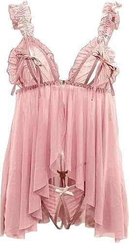 VicSec Dessous Damen Negligee Sexy Nachthemd Spitze Babydoll Nachtwäsche Tief V Ausschnitt Lingerie mit G-String Reizwäsche Dessous Kleid mit süßer Bogen