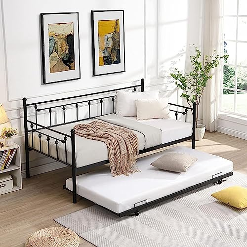 Anwick Metal Daybed with Trundle Heavy Duty Steel Slat Support Sofa Bed Twin Size Metal Frame Daybed for Bedroom Living Room, Steel Slat Support, Built-in Casters No Spring Box Needed (Black + Metal)