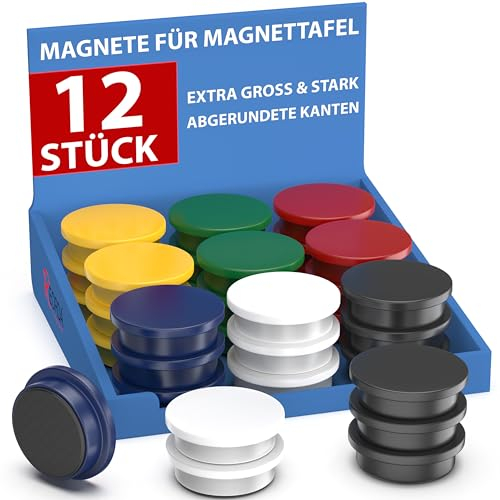 REORDA® Starke Magnete für Magnettafel - 12x Whiteboard, Pinnwand, Kühlschrank & Tafelmagnete - Rund, Bunt, Stark Haftend