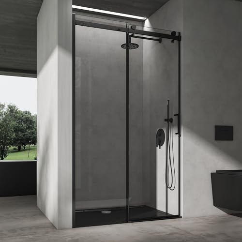 doporro Duschtür Nischentür dusche Duschabtrennung Duschkabine 110x195 cm Duschtür mit Schiebetür 8mm ESG-Sicherheitsglas Klarglas Duschwand schwarz inkl. Nano-Beschichtung Teramo19K schwarz