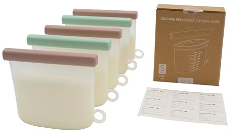 Silicone Breastmilk Storage Bags | 5 Pack of Reusable Bags for Breastfeeding | BPA Free, Food Grade Silicone & 210ml / 7oz Capacity |Double Sealed to Prevent Leakage | Self- Standing