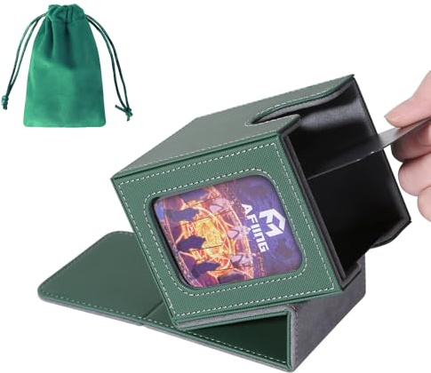 AFIING MTG Deck Box for Commander Display,Card Deck Box Fits 100 Double Sleeved Cards, Magic Commander TCG Card Storage case with 2 Dividers,Dice Bag and 1 Toploader(Green/Grey)