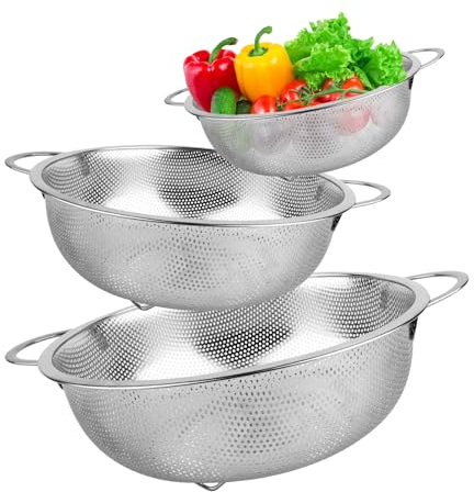 Sieb 3er-Set, Nudelsieb Edelstahl mit Griffen, Küchensieb Micro-Perforierte Hochglanzpoliert,Metall Küche Sieb für Nudeln Obst Reis,Gemüse, Reissieb Spülmaschinenfest, Abtropfsieb Seiher (16/22/28cm)