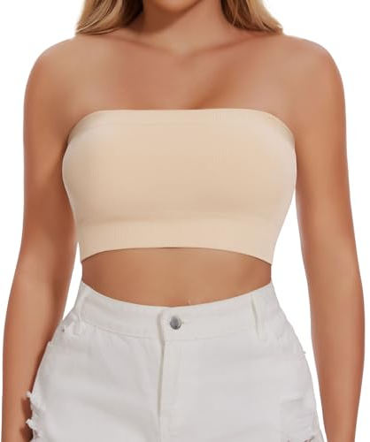 Joyshaper Damen Nahtlos Bandeau BH Trägerloser ohne Bügel Bra Tube Top Push Up Schulterfrei Crop Top Oberteil Beige,S