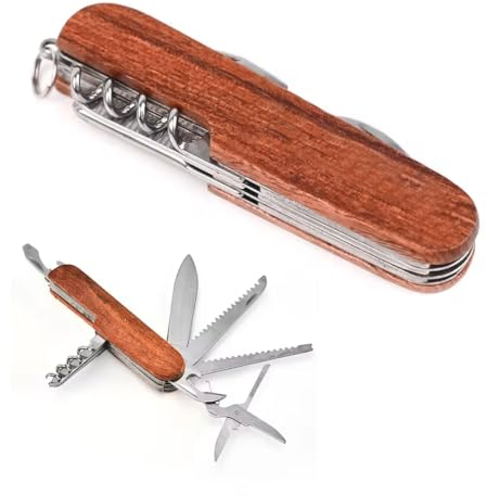 Reccisokz 1 Artikel 9.5*2.5*1.5CM Schweizer Taschenmesser Hiker, taschenmesser kinder,Swiss Army Knife, Klappmesser Outdoormesser Campingwerkzeug,Multitool, Klinge(11 Funktionen) (Dunkle Holzfarbe)