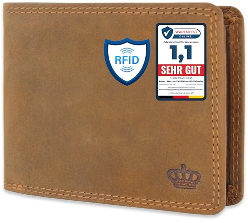 Baur Herren Geldbörse – Echtes Büffelleder mit RFID-Schutz – Klassisches Vollleder-Portemonnaie im Querformat mit 7 Kartenfächern und Münzfach (Querformat Groß, Braun)