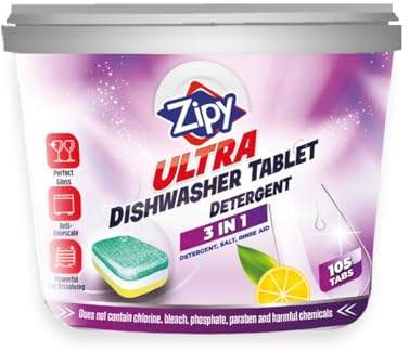 ZIPY Ultra Spülmaschinentablette 105 Stück, All in One – Extra stark – Ultimative Reinigung – Glanz mit Schutzschild – Wasserlösliche Verpackung (Tablette)