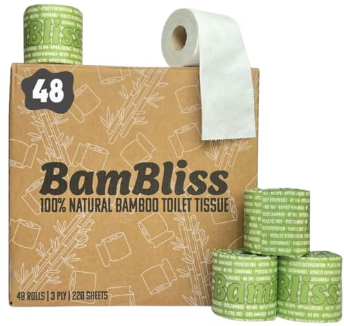 BamBliss Premium Bamboo Toilet Paper Bulk Buy | 48 Pack Wrapped 3-Ply Toilet Roll | Eco-Friendly Toilet Paper | Plastic Free, Soft, Strong, Compostable, Sustainable & Biodegradable Loo Roll