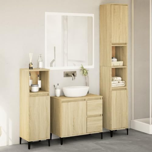 qohoio Juego de muebles de baño de 3 piezas de madera de roble Sonoma, muebles de baño independientes debajo del fregadero, armario de medicina montado en la pared, moderno