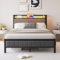 MOFLUT Double Bed Frame with Upholstered Headboard, Wooden Storage Headboard Shelf, 4ft6 Upholstered Bed Frame Double Bed with Charging Station/USB Ports and LED Lights (Gray)