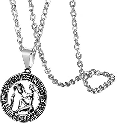 HIJONES Femmes Hommes 12 Constellation Horoscope Creux Pendentif Collier en Acier Inoxydable Naissance Signe Astrologique Personnalisé Pendentif Chaîne Bijoux Argent Verseau